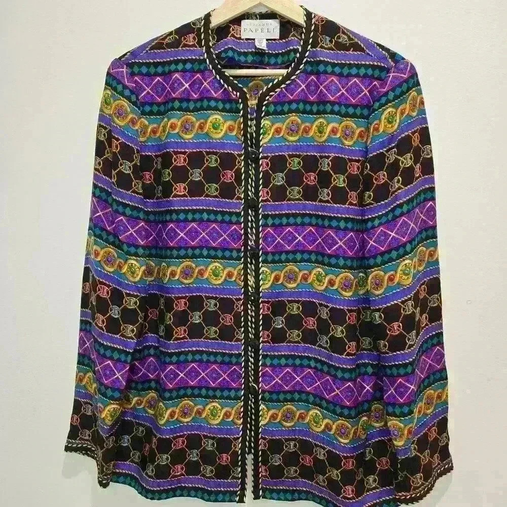 Adrianna Papell Silk Long Sleeve Button-up Shirt Jacket Sz 10 Maximalist